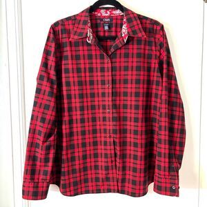 Chaps XL red & black check no iron cotton contrast print detail button front shi